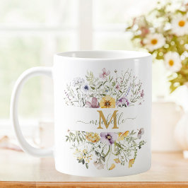 Taza De Café Elegante Monograma Colorido de Flor Silvestre Jard