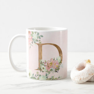 Taza De Café Elegante Monograma D de Floral Rosa