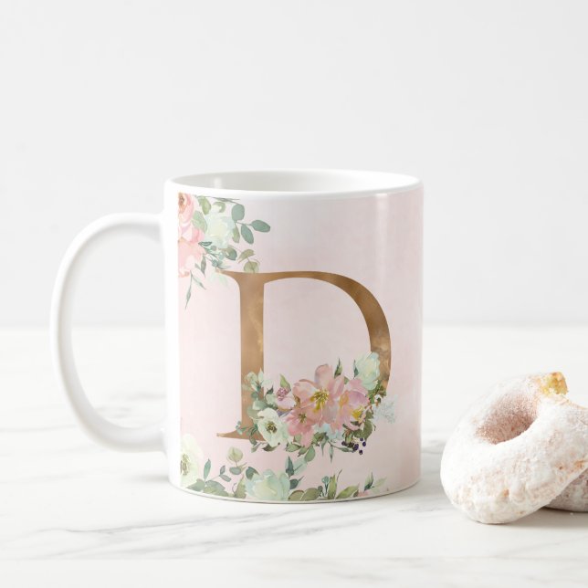 Taza De Café Elegante Monograma D de Floral Rosa (Con donut)