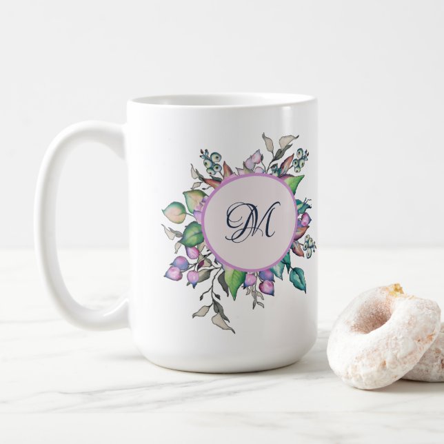 Taza De Café Elegante Monograma de acuarela Pastel Floral (Con donut)