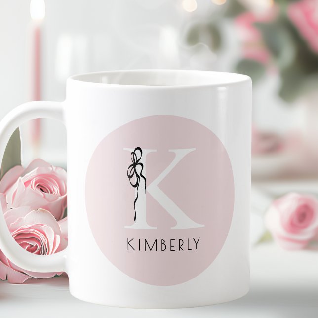 Taza De Café Elegante Monograma de Bow Femenino Rosa Inicial (Elegant Initial Pink Girly Feminine Bow Monogram Coffee Mug)