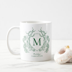 Taza De Café Elegante Monograma de Cima Floral Verde Vintage