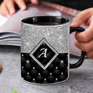 Taza De Café Elegante monograma de diamante negro de cristal fa