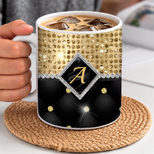 Taza De Café Elegante monograma de diamante negro y cristal fal