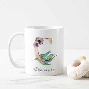 Taza De Café Elegante Monograma de floral C de color de agua Ru