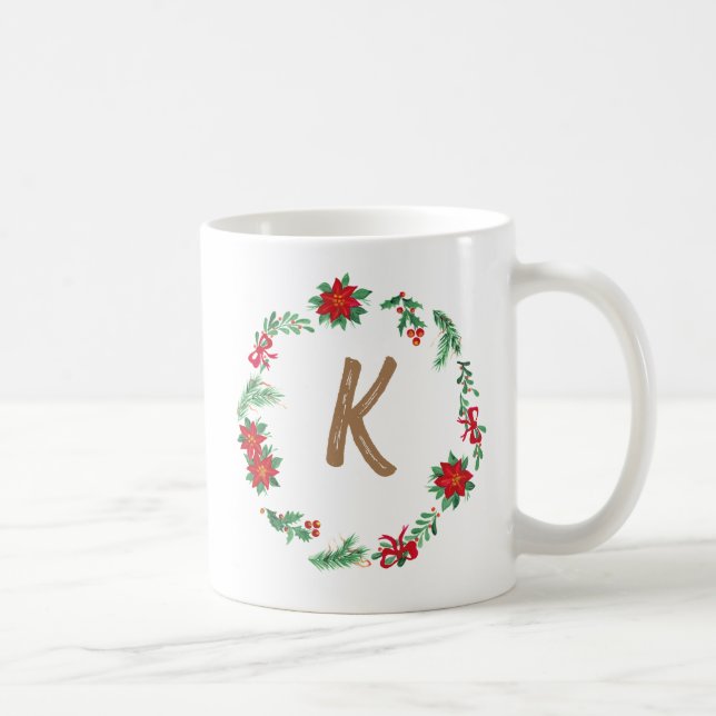 Taza De Café Elegante Monograma de Floral Navidades iniciales (Derecha)