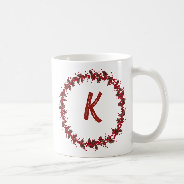 Taza De Café Elegante Monograma de Floral Navidades iniciales (Derecha)