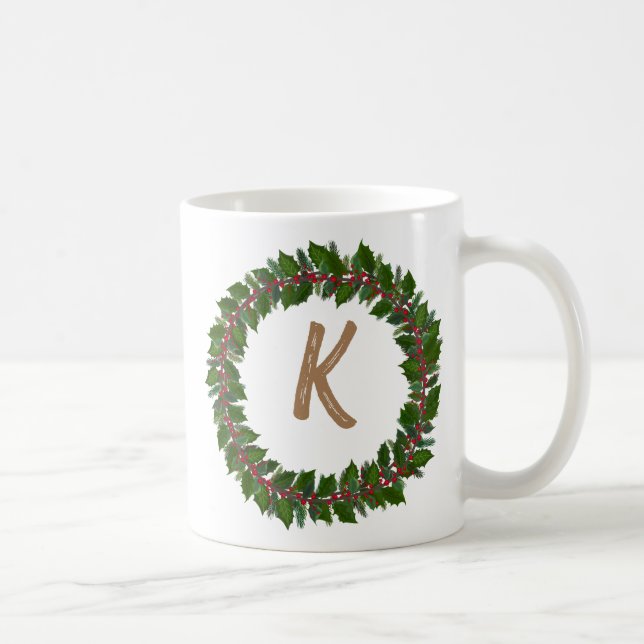Taza De Café Elegante Monograma de Floral Navidades iniciales (Derecha)