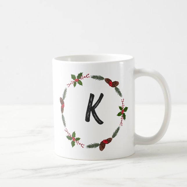 Taza De Café Elegante Monograma de Floral Navidades iniciales (Derecha)