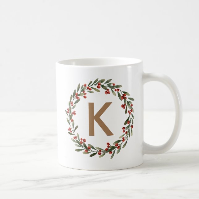Taza De Café Elegante Monograma de Floral Navidades iniciales (Derecha)