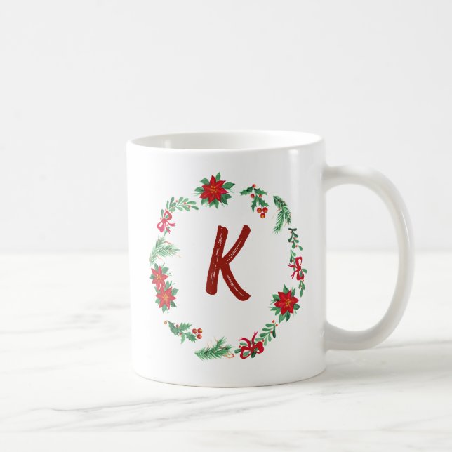 Taza De Café Elegante Monograma de Floral Navidades iniciales (Derecha)