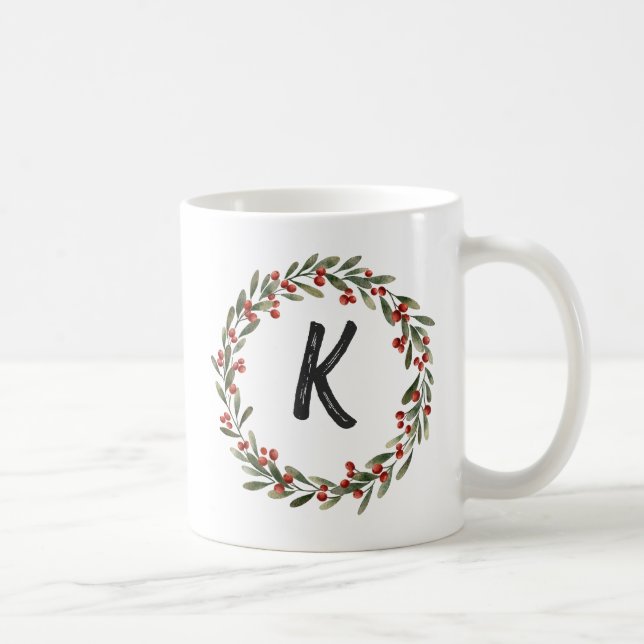 Taza De Café Elegante Monograma de Floral Navidades iniciales (Derecha)