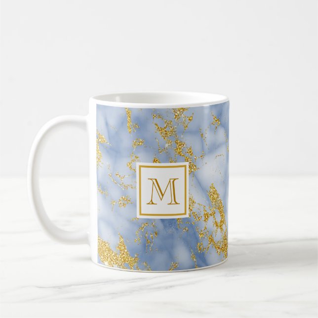 Taza De Café Elegante Monograma de Mármol Azul Faux Gold Purpur (Izquierda)