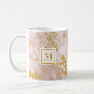 Taza De Café Elegante Monograma de Mármol Rosa Faux Gold Purpur