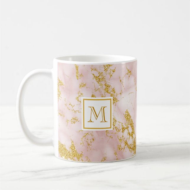Taza De Café Elegante Monograma de Mármol Rosa Faux Gold Purpur (Izquierda)