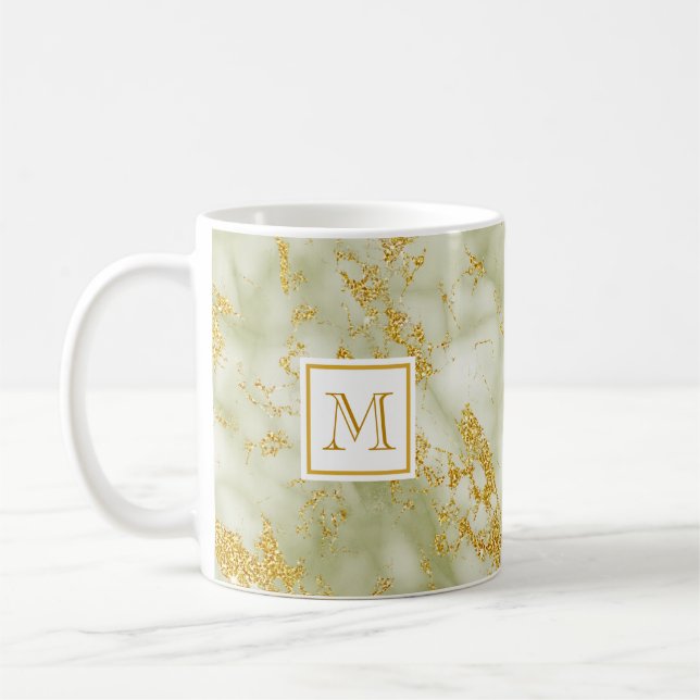 Taza De Café Elegante Monograma de Mármol Verde Faux Gold Purpu (Izquierda)