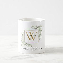 Taza De Café Elegante Monograma de Oro Eucalipto Verdor