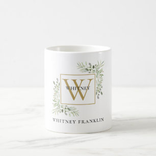 Taza De Café Elegante Monograma de Oro Eucalipto Verdor