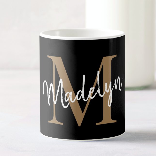 Taza De Café Elegante Monograma de Oro Negro Girly Script Elega (Subido por el creador)