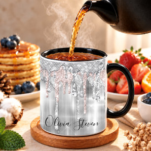 Taza De Café Elegante monograma de plata brillante con brillo