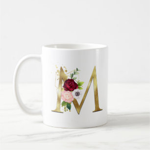 Taza De Café Elegante Monograma de Rosa Burgundy con Letra M Do