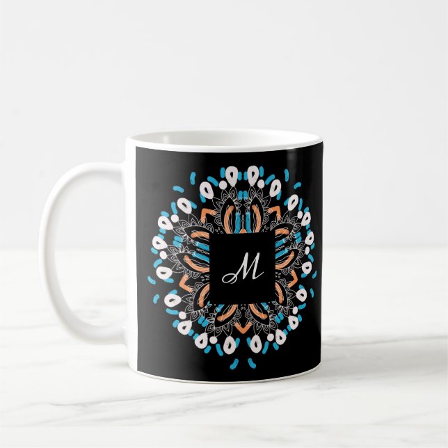 Taza De Café Elegante Monograma de Torquesa Dorada Mandala (Izquierda)