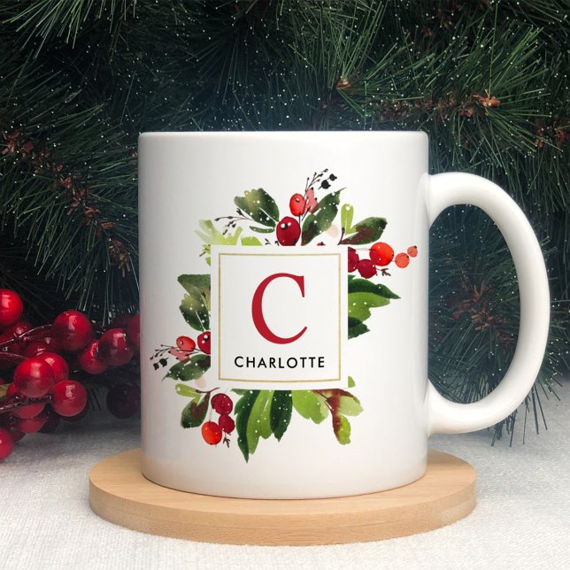 Taza De Café Elegante Monograma de Verdor de Navidades Rojos (Subido por el creador)