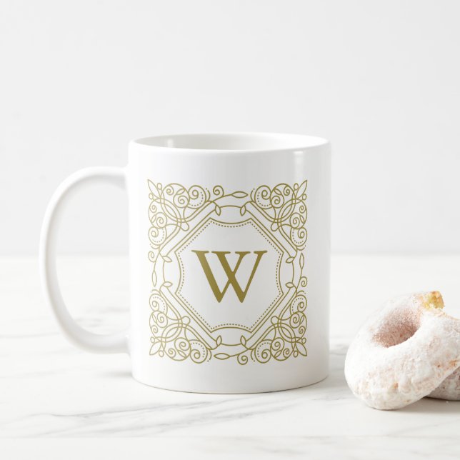 Taza De Café Elegante Monograma dorado Marco ornamental (Con donut)