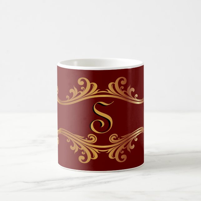 Taza De Café Elegante Monograma dorado rojo borgoña (Centro)