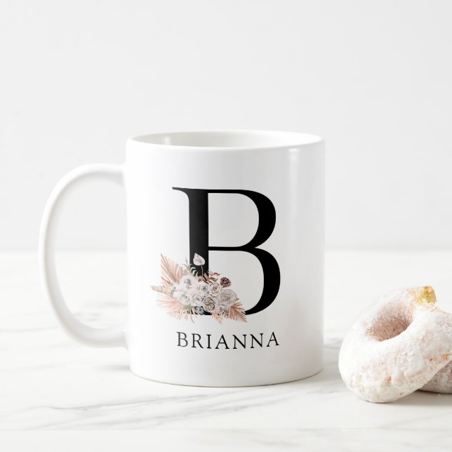 Taza De Café Elegante Monograma Floral Boho (Con donut)