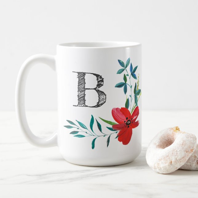 Taza De Café Elegante Monograma Floral de acuarela (Con donut)