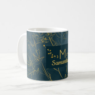 Taza De Café Elegante Monograma Floral de Azul Turquesa Oscuro