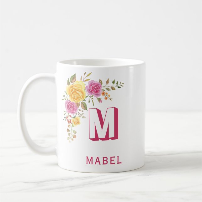 Taza De Café Elegante Monograma floral de nombre personalizado  (Izquierda)