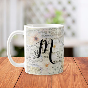 Taza De Café Elegante Monograma Floral Vintage Sheet Music