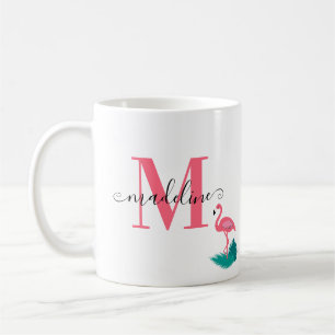 Taza De Café Elegante Monograma Hojas Tropicales Flamingo Rosa