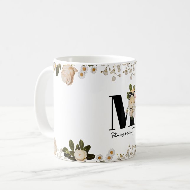 Taza De Café Elegante Monograma 'M' Floral inicial Mug (Anverso izquierdo)