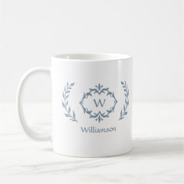 Taza De Café Elegante Monograma moderno Laurel Wreath Dusty Blu