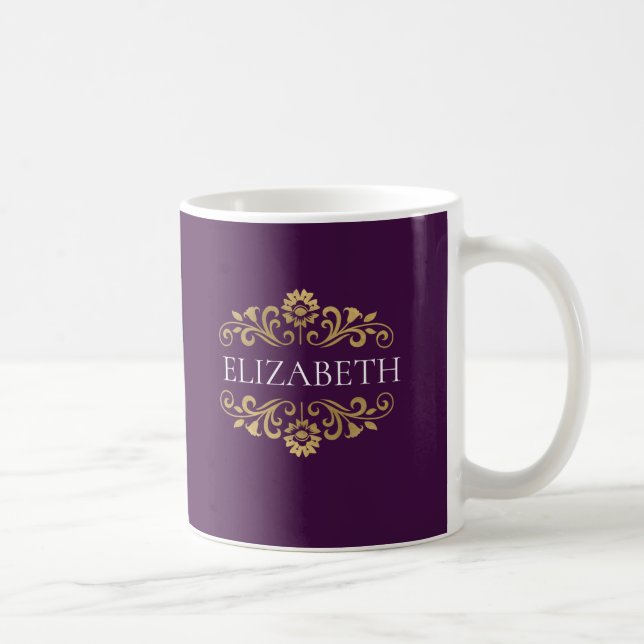 Taza De Café Elegante Monograma Oro Púrpura