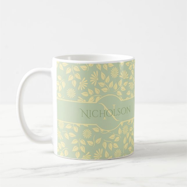 Taza De Café Elegante Monograma Patrón de hoja Pastel Verde (Izquierda)