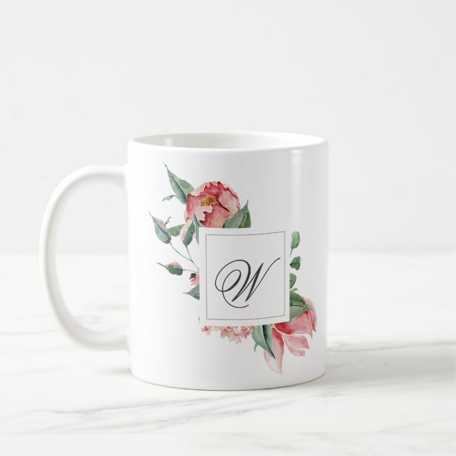 Taza De Café Elegante Monograma personalizado con rosas rosas r (Izquierda)