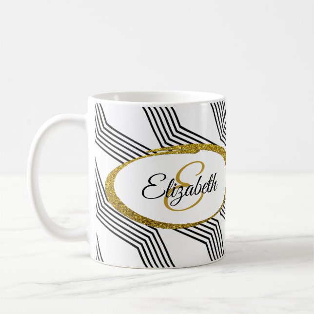 Taza De Café Elegante Monograma Personalizado Oval Purpurina Ov (Izquierda)