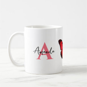 Taza De Café Elegante Monograma Rojo y Negro Nombre Mariposa