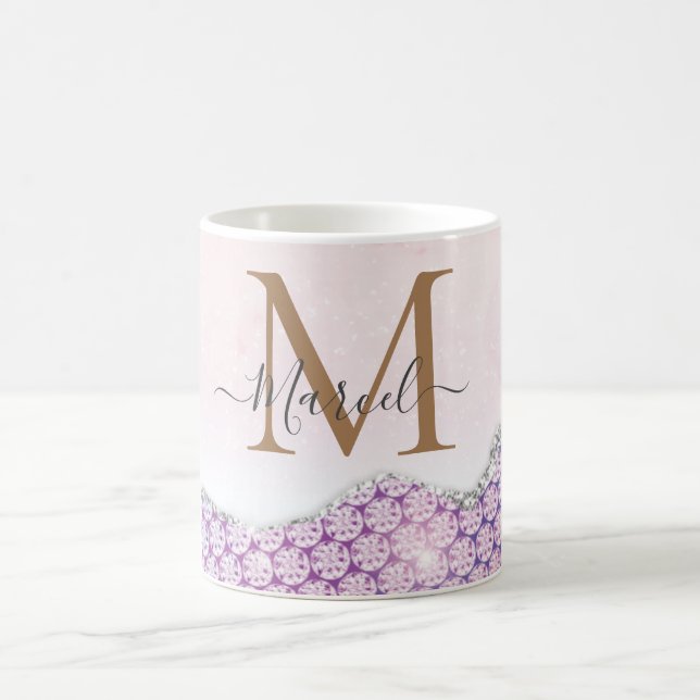 Taza De Café Elegante Monograma Rosa Purpurina rosa Café Mug (Centro)