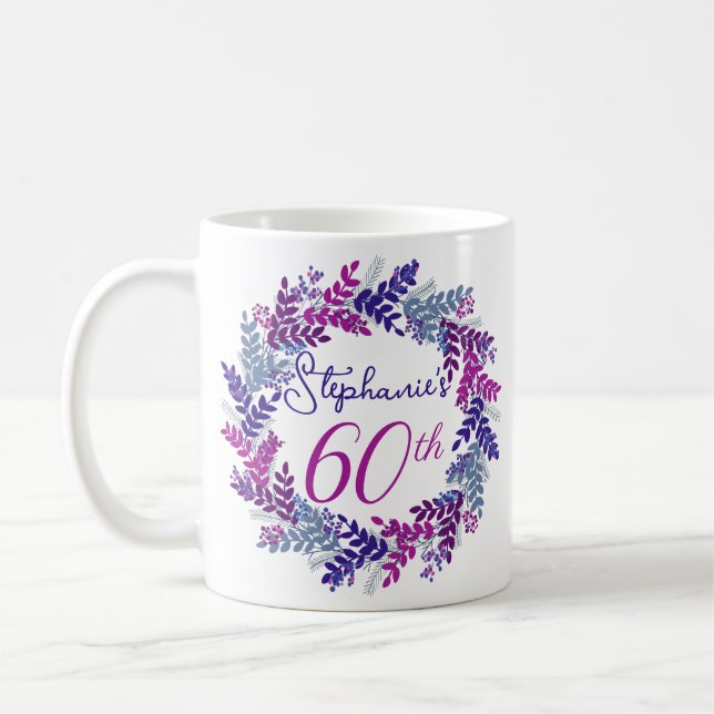 Taza De Café Elegante Monograma Rosa y Morado 60 cumpleaños (Izquierda)