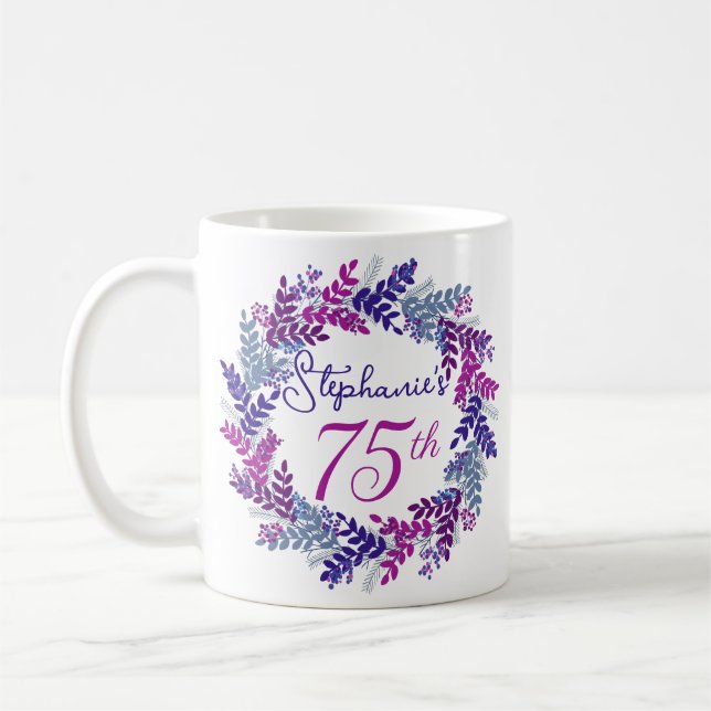 Taza De Café Elegante Monograma rosa y morado 75 cumpleaños (Izquierda)