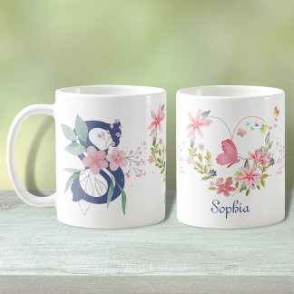 Taza De Café Elegante Monograma S de Mariposa Floral en Acuarel