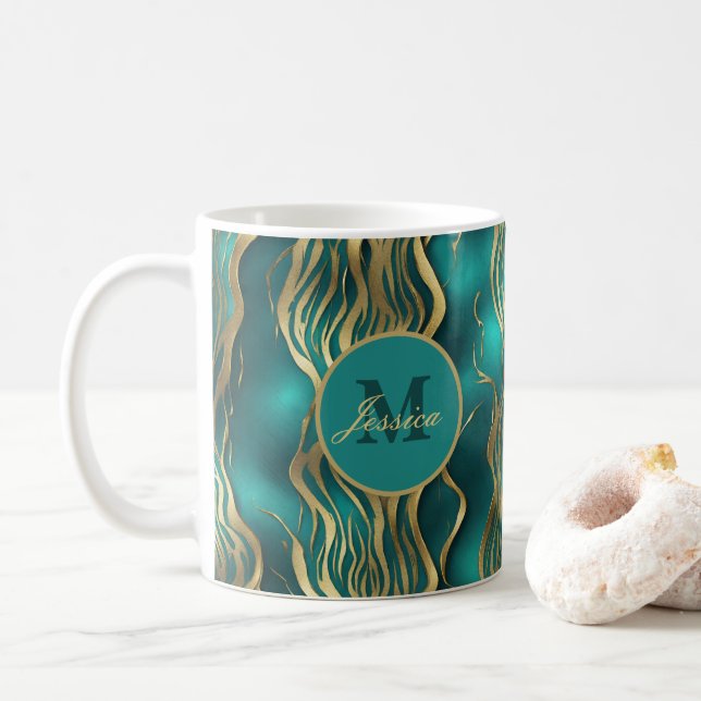 Taza De Café Elegante Monograma Verde azulado azul turquesa de  (Con donut)