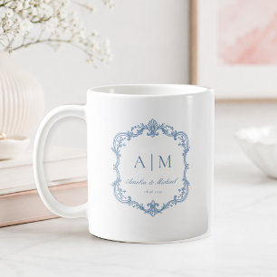 Taza De Café Elegante Monograma Vintage Boda Polvoriento Azul