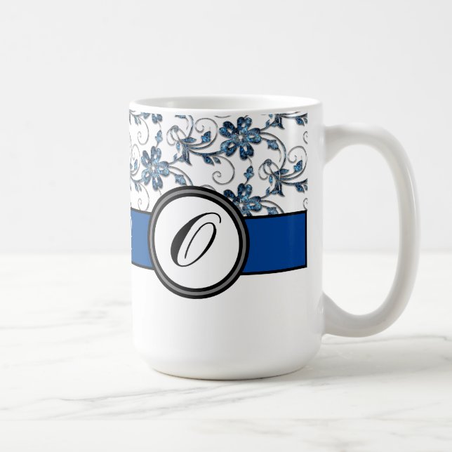 Taza De Café Elegante Monograma y patrón floral Marina Azul (Derecha)