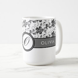Taza De Café Elegante Monograma y Patrón Floral Negro